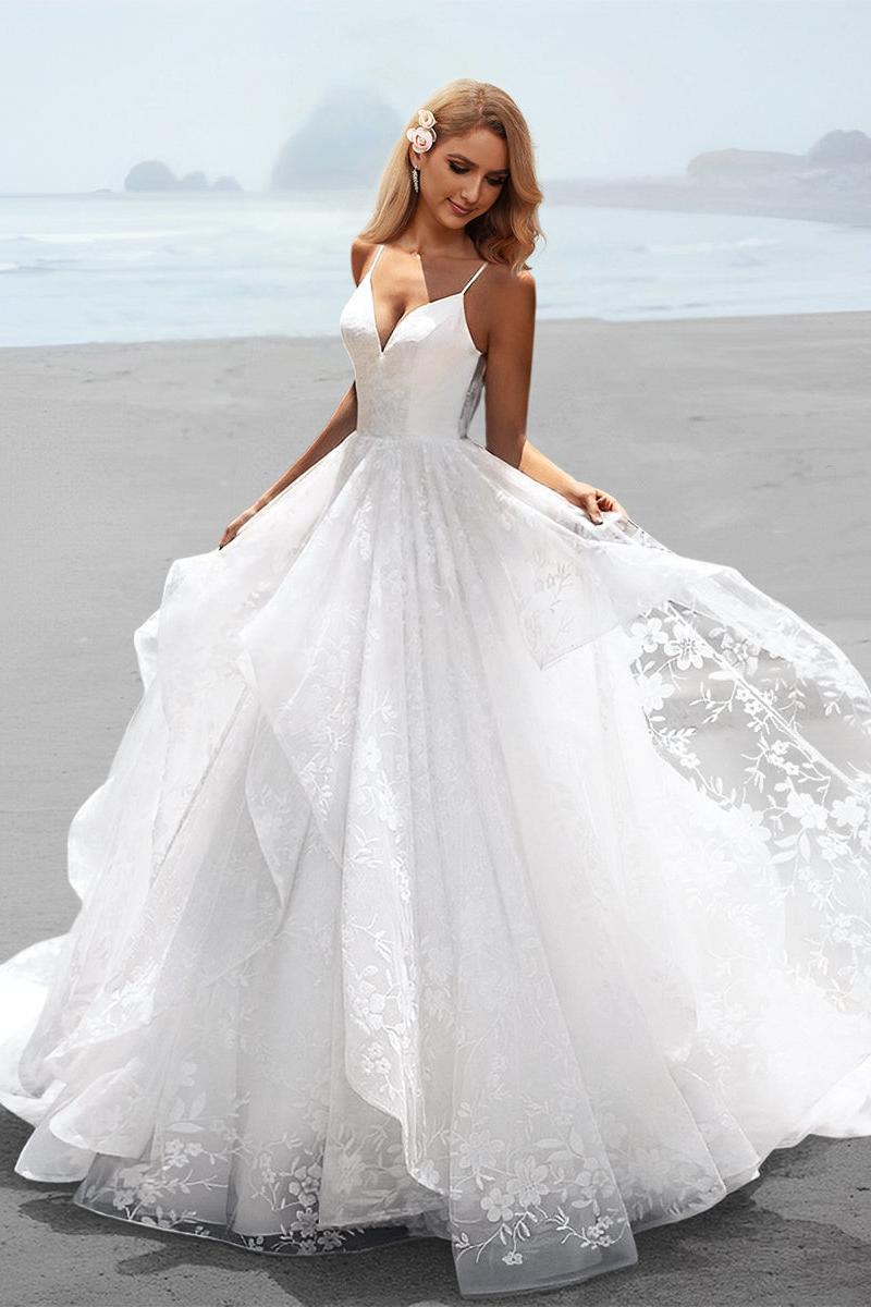 White Beach Wedding Dress A Line Spaghetti Straps Lace Tulle Bridal Dress
