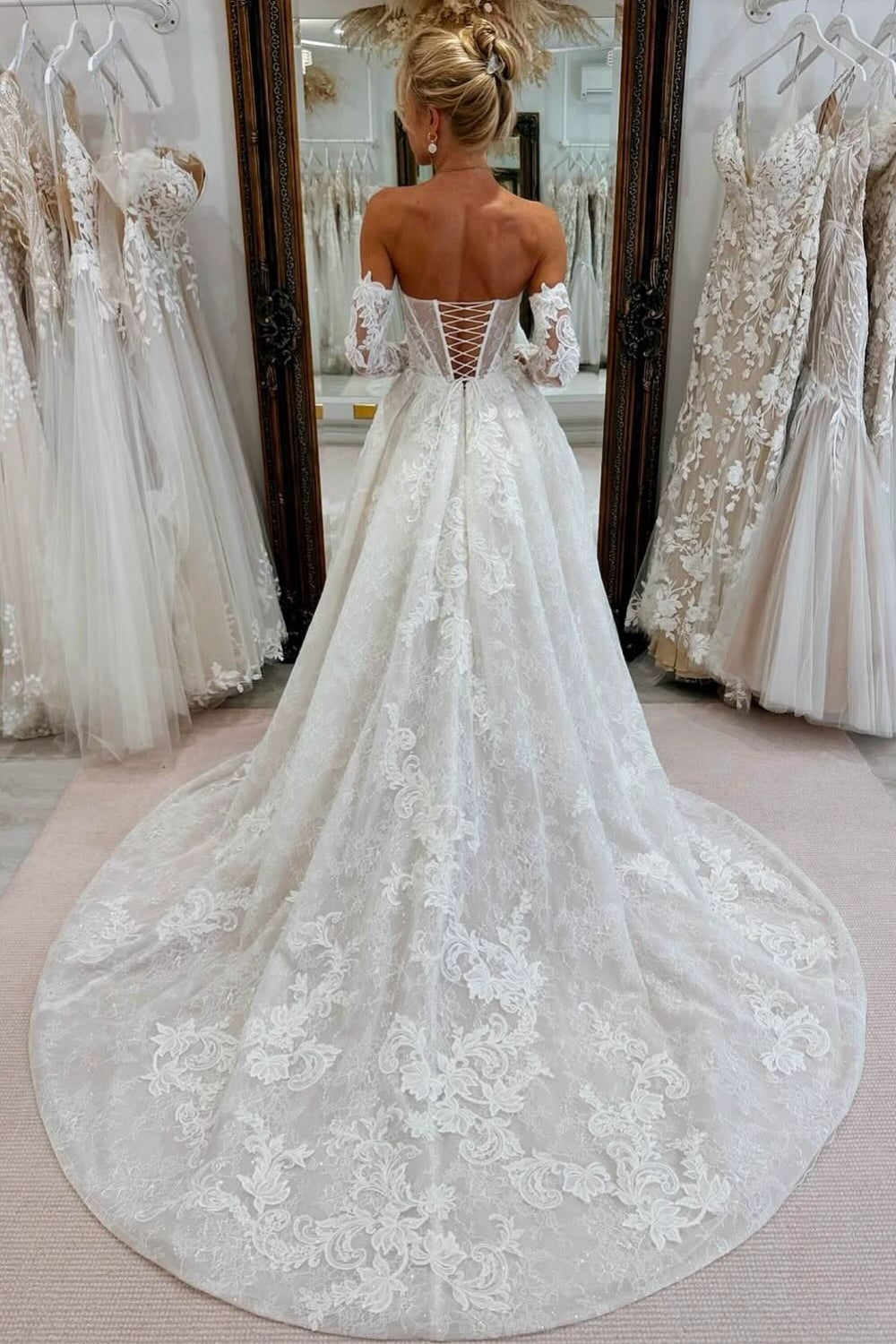 White Beach Wedding Dress A Line Strapless Sleeveless Cathedral Train Lace Bridal Gown With Appliques