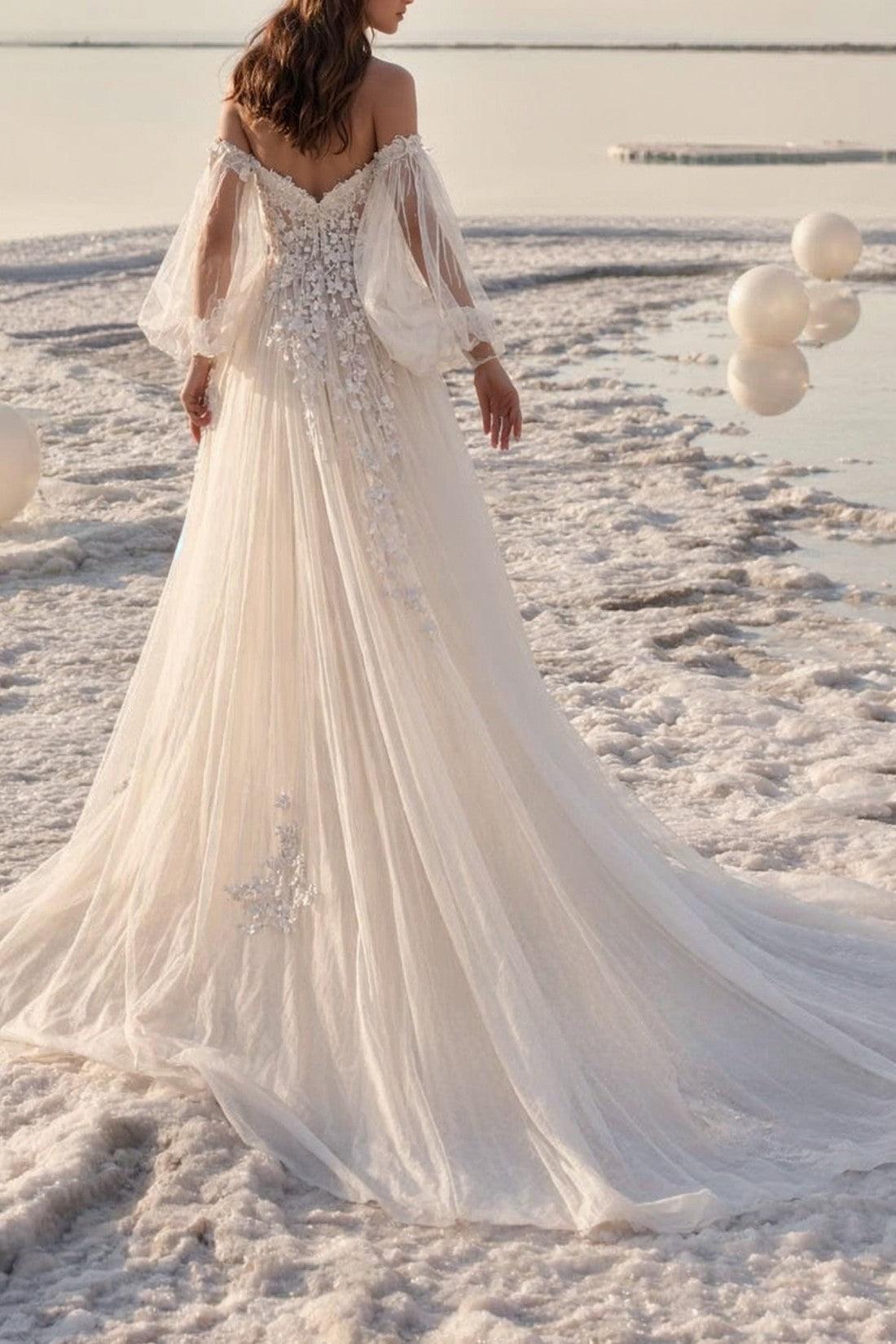 White Beach Wedding Dress A Line Tulle Off the Shoulder Long Sleeves Bridal Dress with Appliques