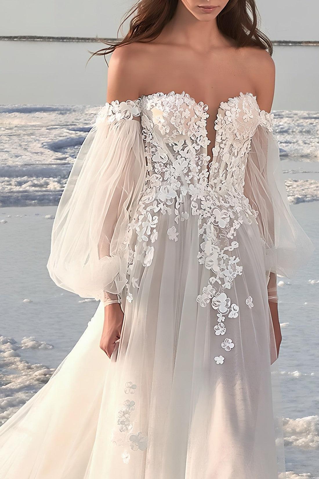 White Beach Wedding Dress A Line Tulle Off the Shoulder Long Sleeves Bridal Dress with Appliques