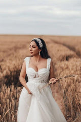 White Beach Wedding Dress A Line Tulle Sleeveless Bridal Gown With Lace