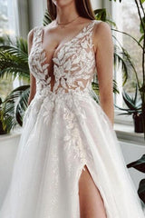 White Beach Wedding Dress A Line V Neck Lace Glitter Backless Bridal Gown With Slit