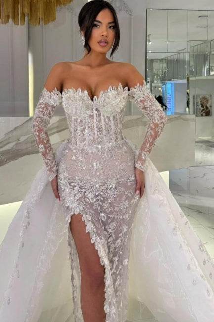 White Beach Wedding Dress Column Sweetheart Off The Shoulder Sleeves Panel Train Lace Bridal Gown With Slit