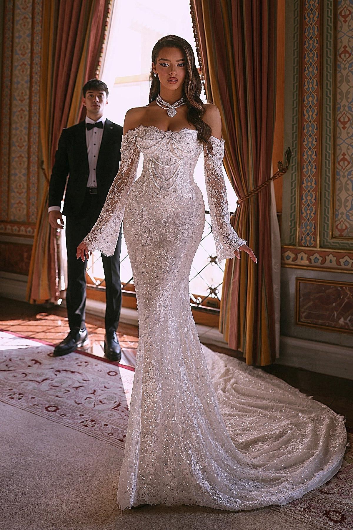 White Beach Wedding Dress Mermaid Off The Shoulder Beaded Lace Bridal Gown With Sleeves