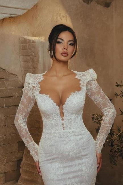 White Beach Wedding Dress Mermaid Portrait Sweetheart Sleeve Lace Bridal Gown