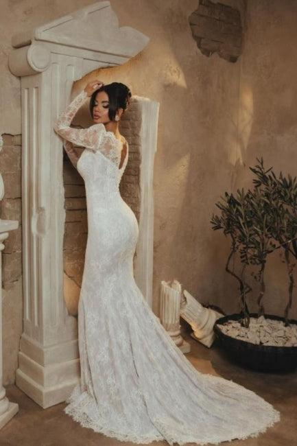 White Beach Wedding Dress Mermaid Portrait Sweetheart Sleeve Lace Bridal Gown
