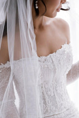 White Beach Wedding Dress Mermaid Strapless Off The Shoulder Beaded Lace Sleeves Cathedral Train Tulle Bridal Gown