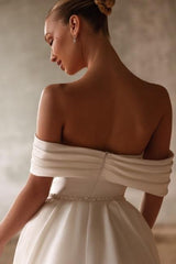 White Beach Wedding Dress Mermaid Sweetheart Off The Shoulder Sleeveless Panel Train Satin Bridal Gown With Pearls