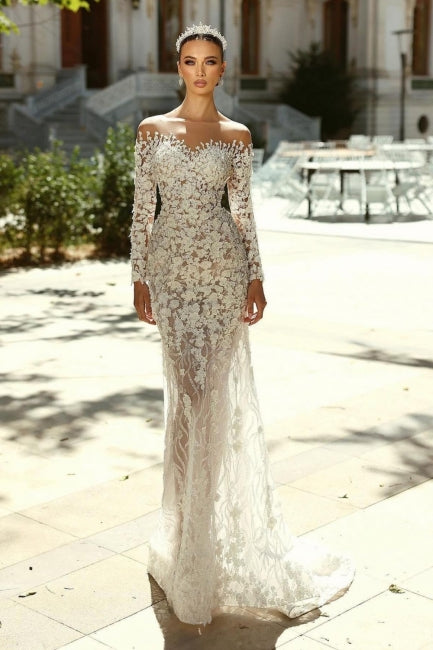 White Beach Wedding Dress Mermaid Sweetheart Off The Shoulder Sleeves Detachable Panel Train Lace Bridal Gown