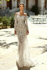 White Beach Wedding Dress Mermaid Sweetheart Off The Shoulder Sleeves Detachable Panel Train Lace Bridal Gown