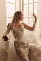 White Beach Wedding Dress Mermaid Sweetheart Sleeveless Sweep Train Tulle Lace Bridal Gown With Appliques