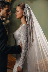 White Beach Wedding Dress Mermaid V Neck Sleeves Beaded Sweep Train Lace Bridal Gown