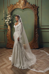 White Beach Wedding Dress Mermaid V Neck Sleeves Beaded Sweep Train Lace Bridal Gown