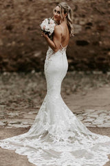 White Beach Wedding Dress Spaghetti Straps Mermaid Backless Bridal Gown With Lace