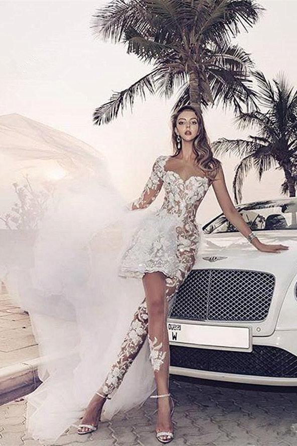 White Beach Wedding Dress Tulle One Shoulder Long Sleeves Bridal Dress With Panel Train