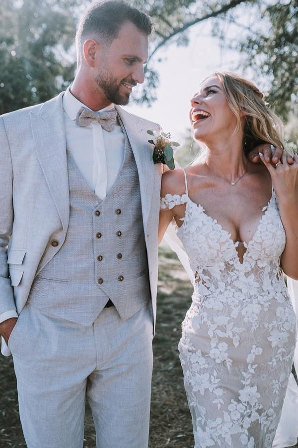 White Beach Wedding Dress V Neck Lace Mermaid Spaghetti Strap Off The Shoulder Cap Sleeves Bridal Gown