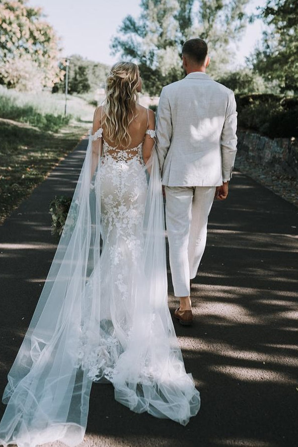 White Beach Wedding Dress V Neck Lace Mermaid Spaghetti Strap Off The Shoulder Cap Sleeves Bridal Gown