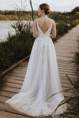 White Beach Wedding Dress V Neck Spaghetti Strap A Line Sweep Train Tulle Bridal Gown With Appliques