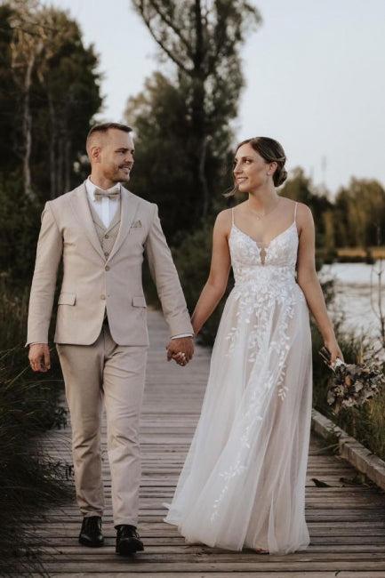 White Beach Wedding Dress V Neck Spaghetti Strap A Line Sweep Train Tulle Bridal Gown With Appliques
