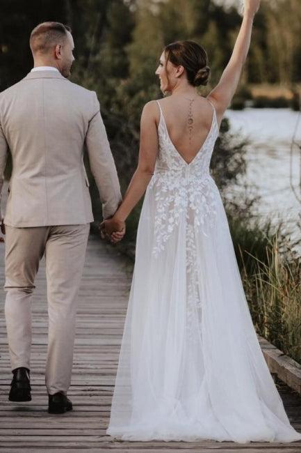 White Beach Wedding Dress V Neck Spaghetti Strap A Line Sweep Train Tulle Bridal Gown With Appliques