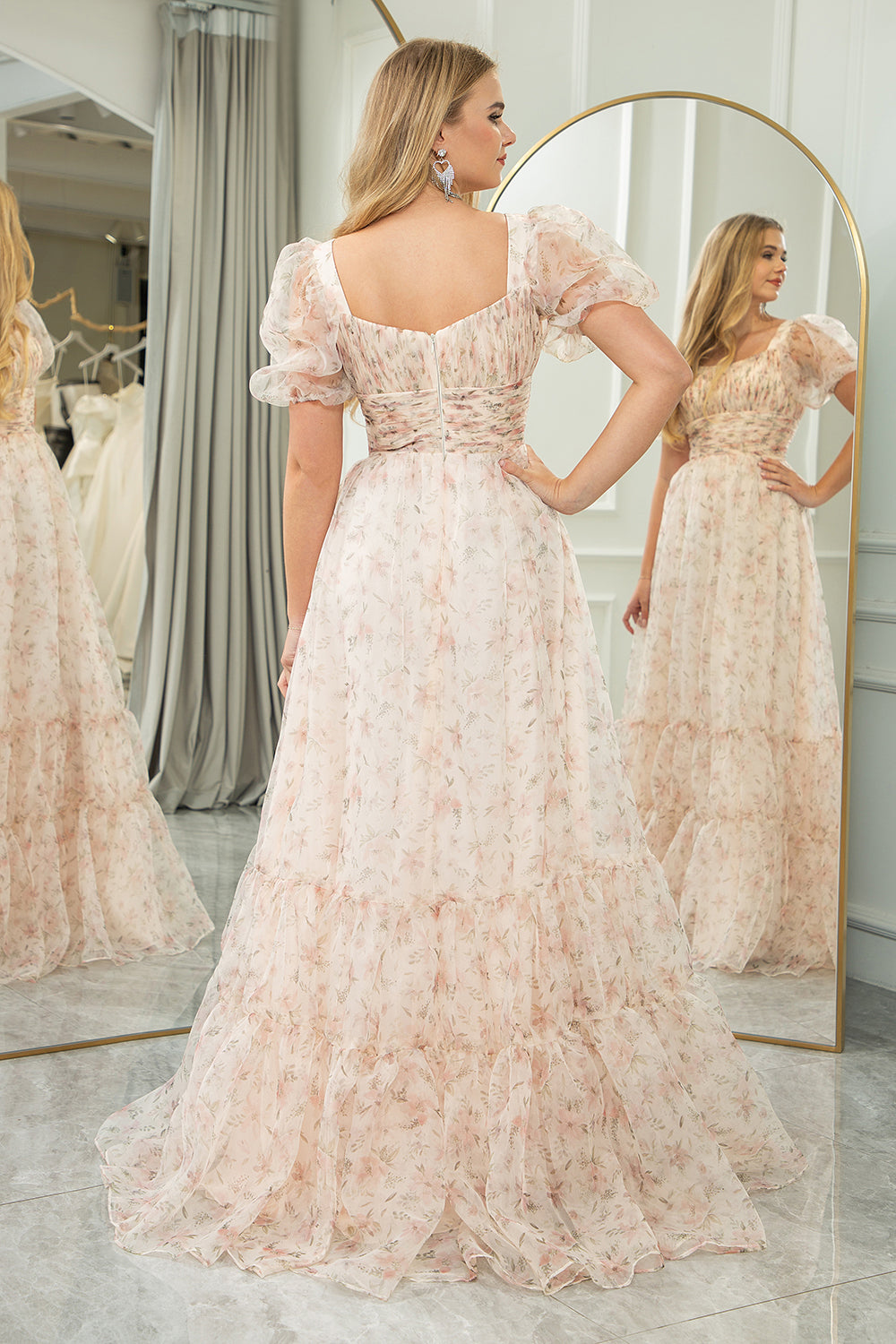 White Floral A Line Square Neck Long Prom Dress With Short Sleeves