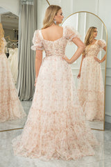 White Floral A Line Square Neck Long Prom Dress With Short Sleeves