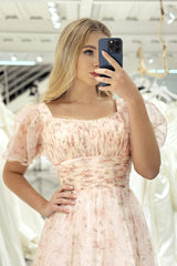 White Floral A Line Square Neck Long Prom Dress With Short Sleeves