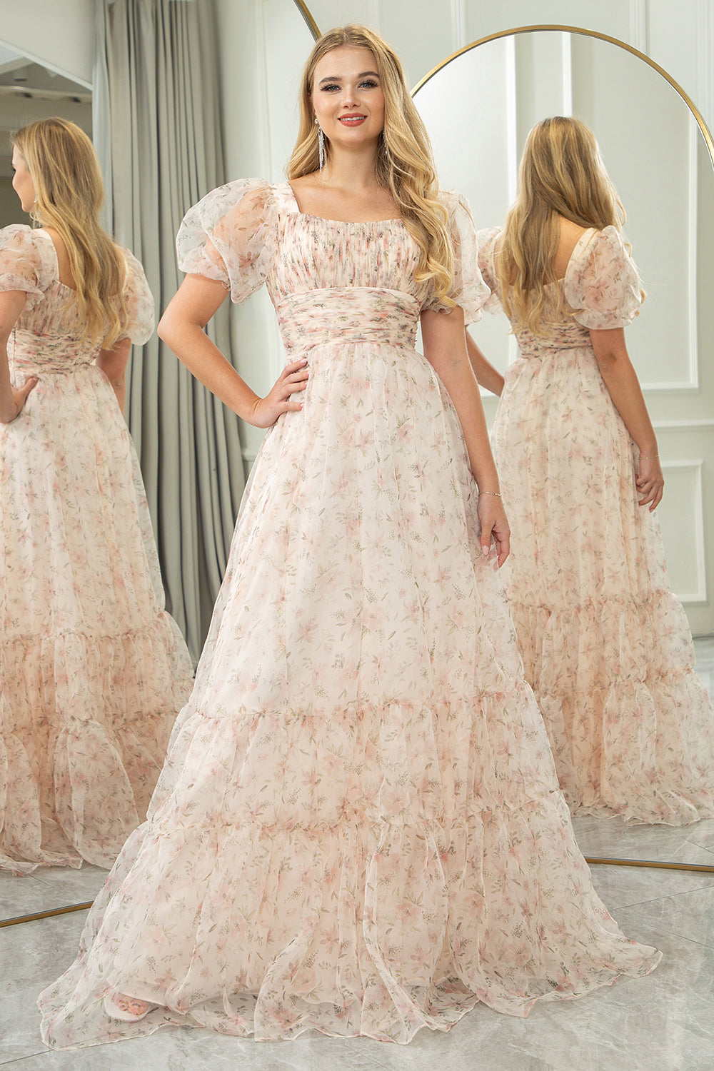 White Floral A Line Square Neck Long Prom Dress With Short Sleeves