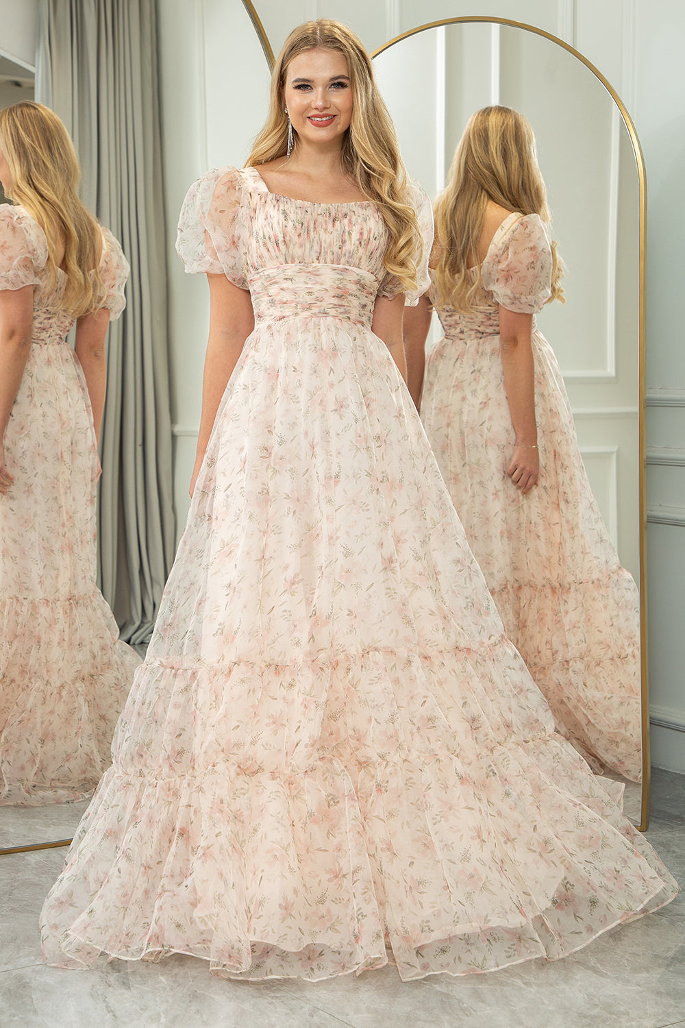 White Floral A Line Square Neck Long Prom Dress With Short Sleeves