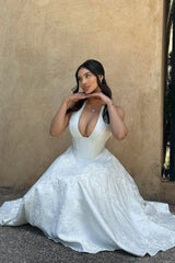White Halter A-Line Jacquard Midi Prom Dress With Structured Corset Bodice Formal Evening Gown