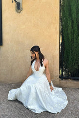 White Halter A-Line Jacquard Midi Prom Dress With Structured Corset Bodice Formal Evening Gown