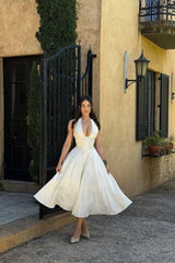 White Halter A-Line Jacquard Midi Prom Dress With Structured Corset Bodice Formal Evening Gown