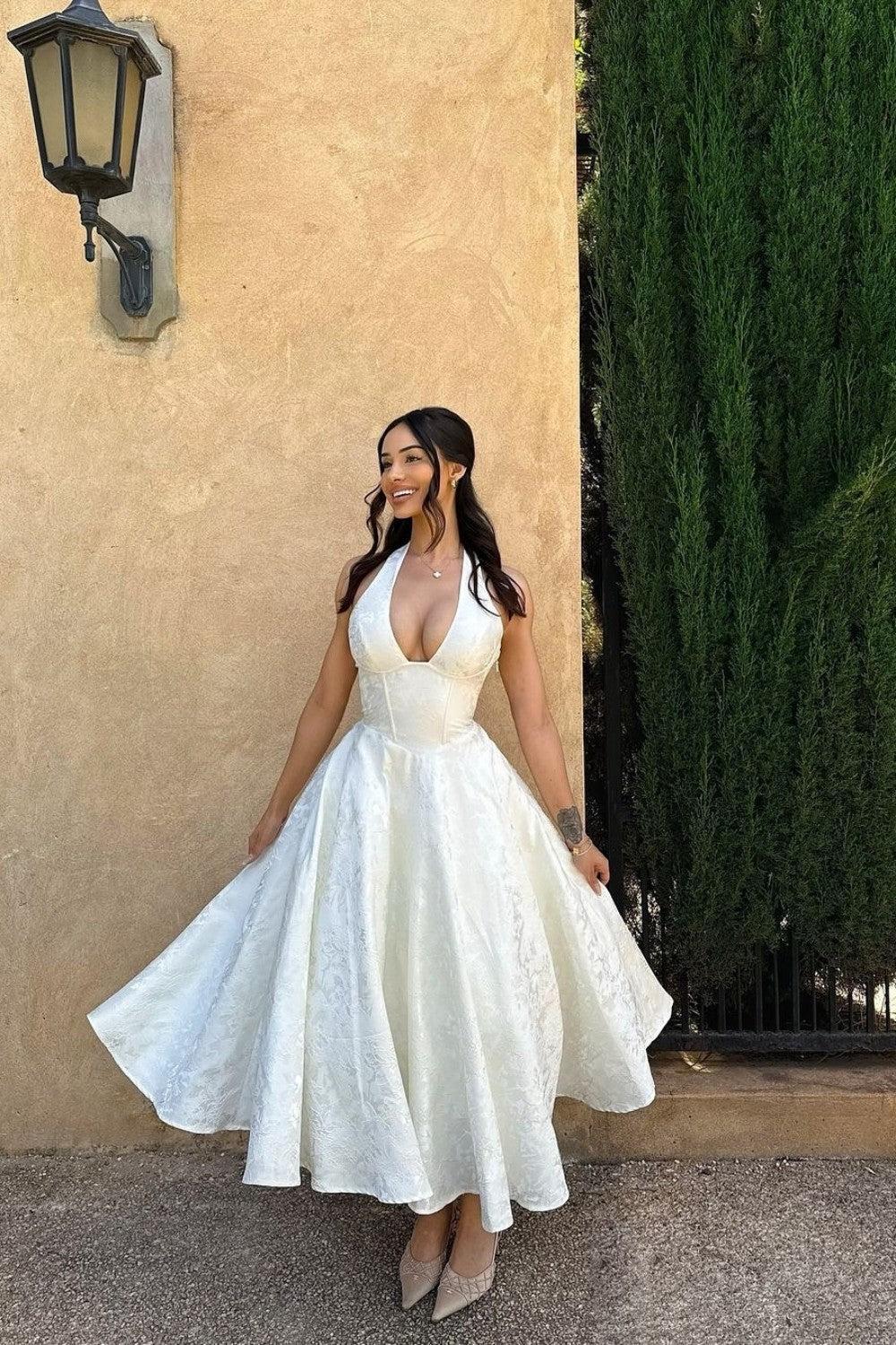White Halter A-Line Jacquard Midi Prom Dress With Structured Corset Bodice Formal Evening Gown