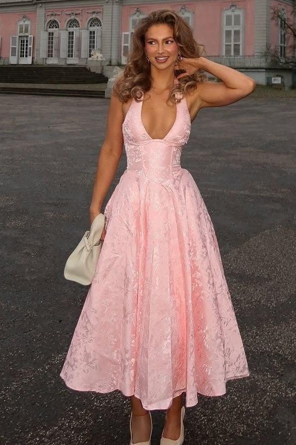 White Halter A-Line Jacquard Midi Prom Dress With Structured Corset Bodice Formal Evening Gown
