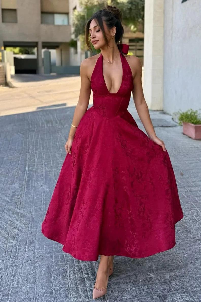 White Halter A-Line Jacquard Midi Prom Dress With Structured Corset Bodice Formal Evening Gown