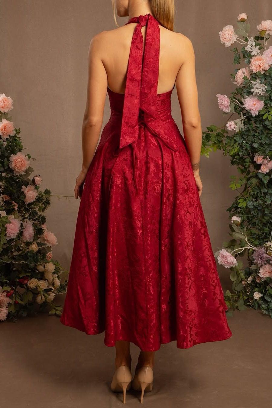 White Halter A-Line Jacquard Midi Prom Dress With Structured Corset Bodice Formal Evening Gown