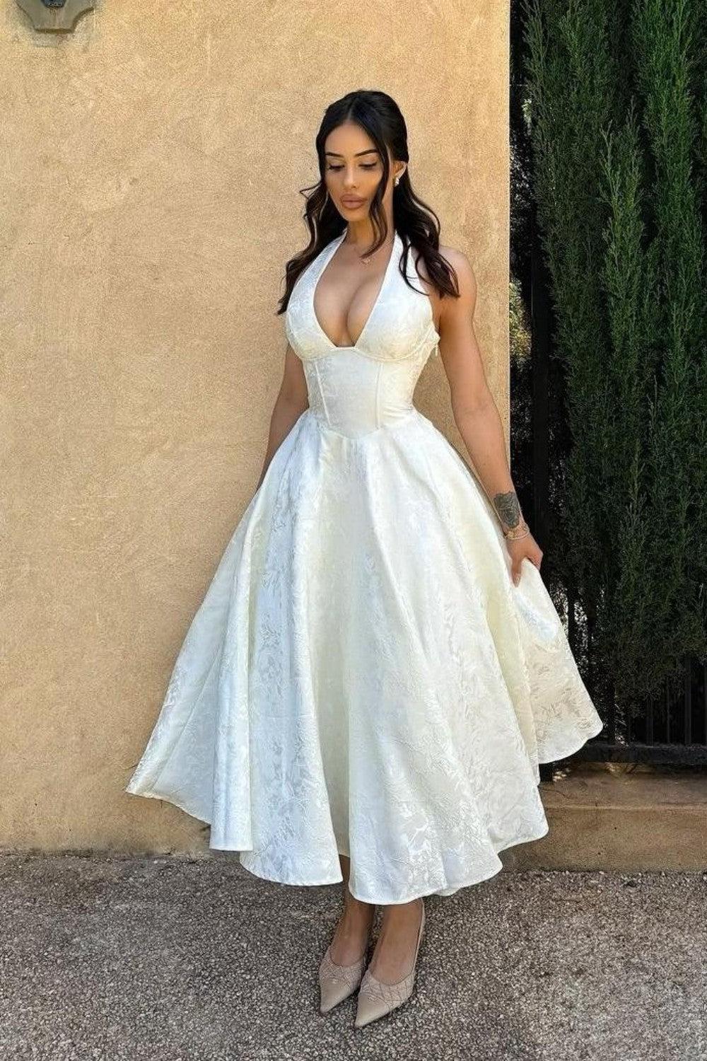 White Halter A-Line Jacquard Midi Prom Dress With Structured Corset Bodice Formal Evening Gown
