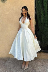 White Halter A-Line Jacquard Midi Prom Dress With Structured Corset Bodice Formal Evening Gown