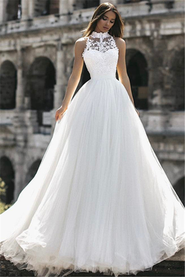 White High Neck Wedding Dress Tulle Lace A Line Bridal Dress