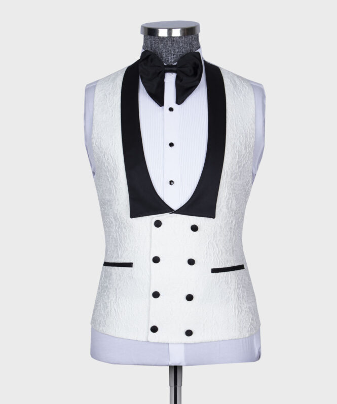 White Jacquard 3 Piece Wedding Suit with Black Shawl Lapel