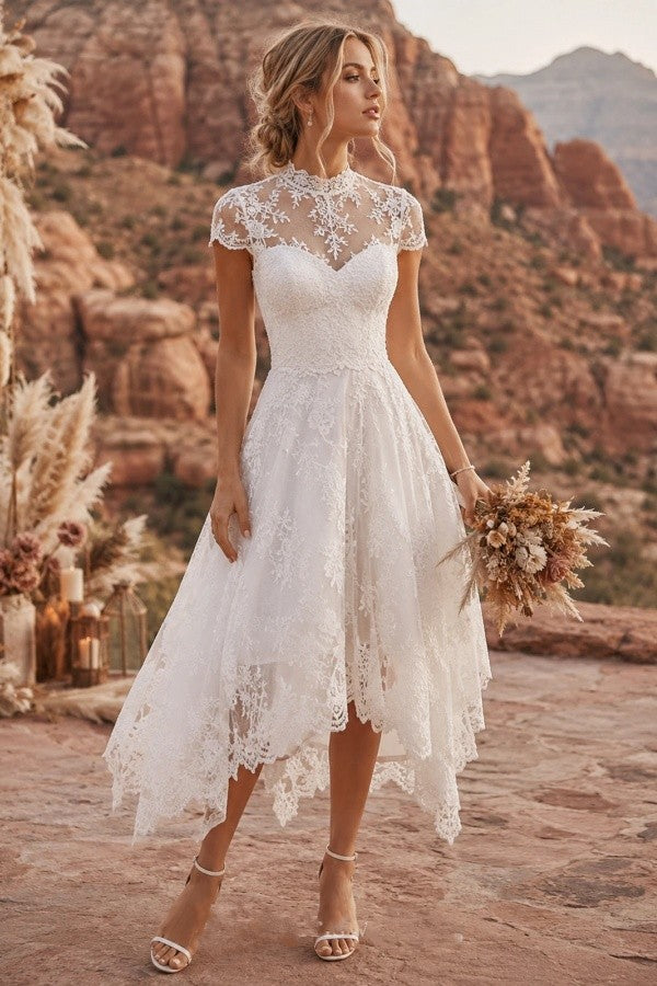White Lace A Line Tea Length Wedding Dress with High Neck and Cap Sleeves