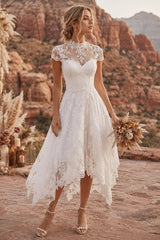 White Lace A Line Tea Length Wedding Dress with High Neck and Cap Sleeves