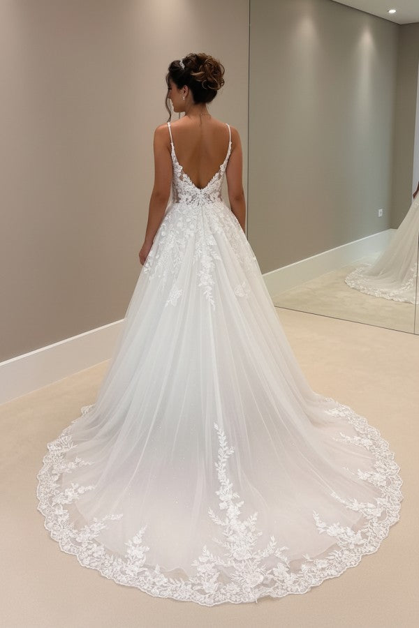 White Lace A Line Wedding Dress with Low Open Back and Chapel Train