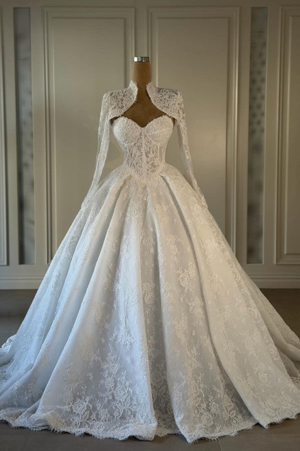 White Lace Ball Gown Wedding Dress with Long Sleeve Bolero Jacket