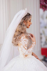 White Lace Ball Gown Wedding Dress with Long Sleeves and Illusion Neckline