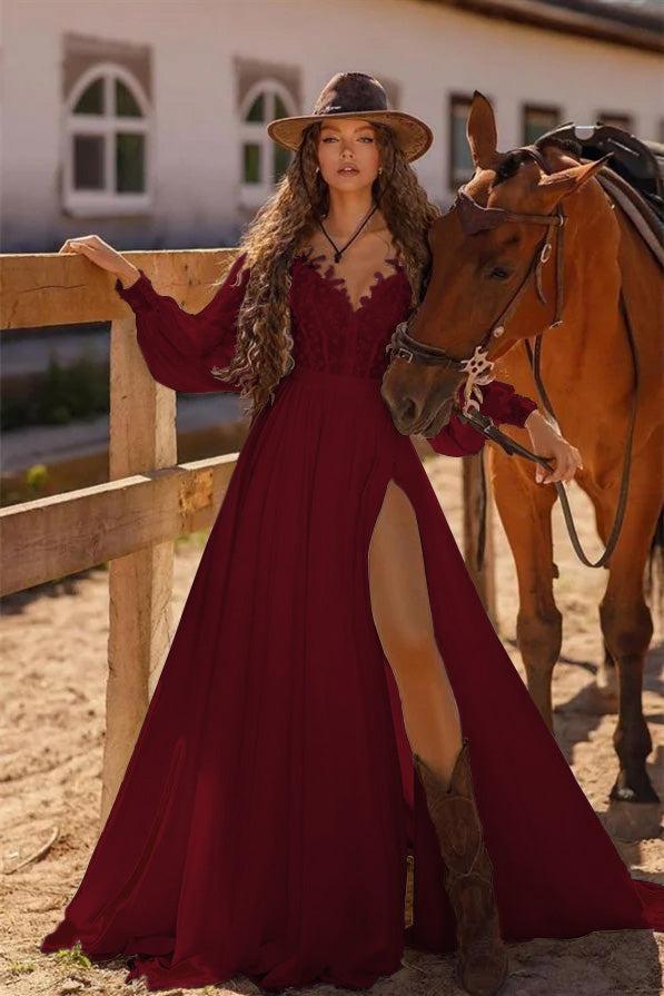 White Long Sleeve Boho Wedding Dress A Line Cold Shoulder Bridal Gown with Lace and Split