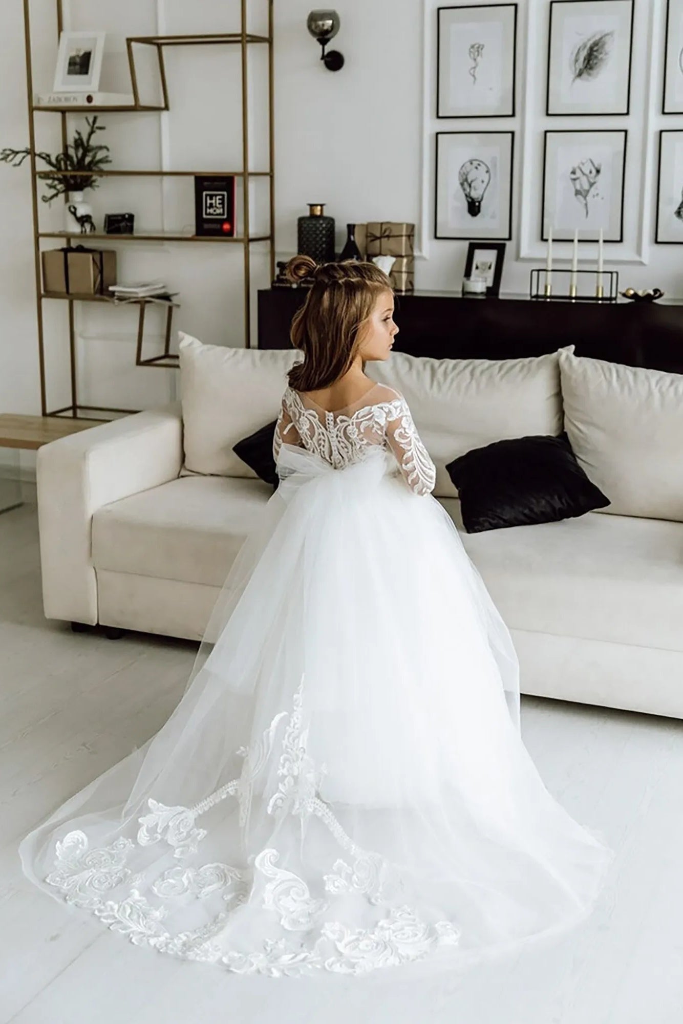 White Long Sleeve Lace Crew Neck Princess Flower Girl Dress