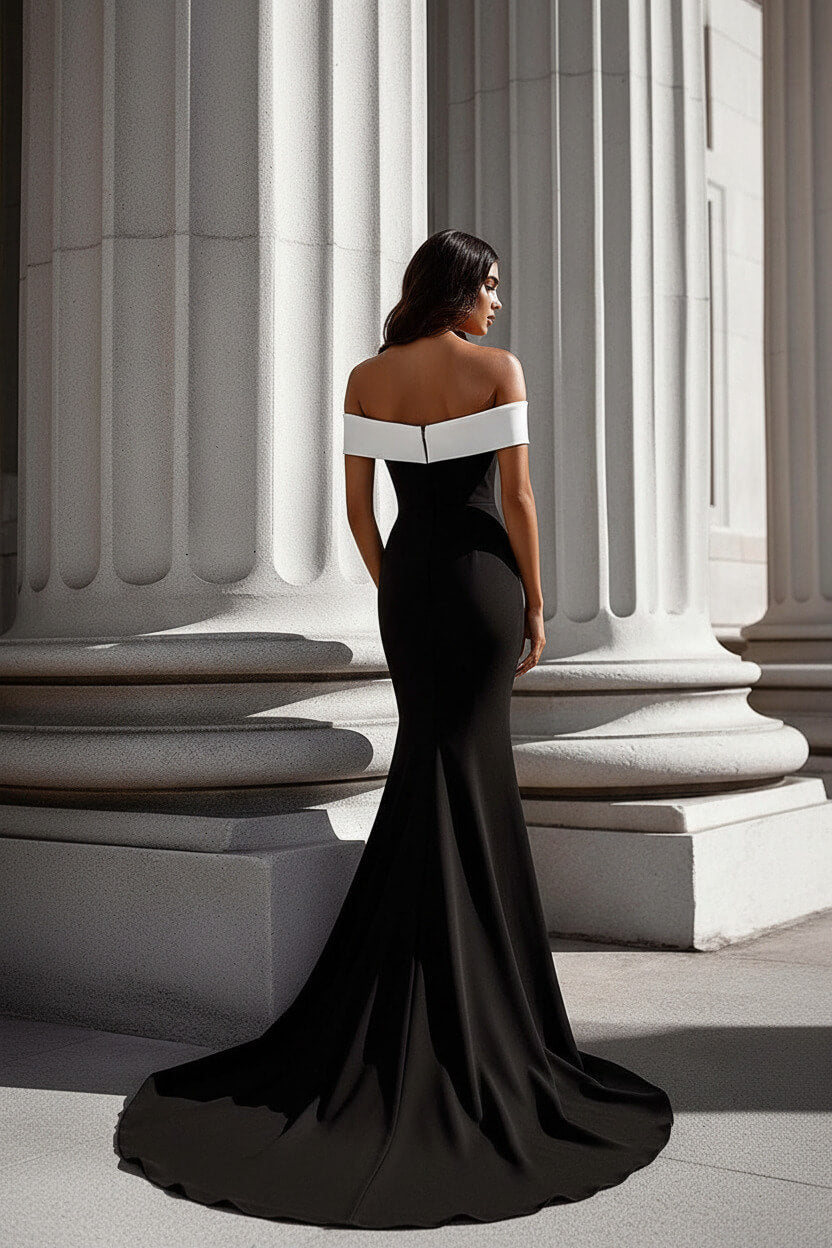 White Mermaid Off The Shoulder Long Satin Black Tie Dress