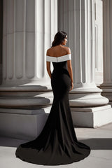 White Mermaid Off The Shoulder Long Satin Black Tie Dress