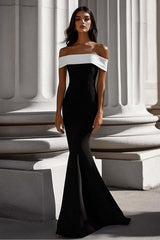 White Mermaid Off The Shoulder Long Satin Black Tie Dress